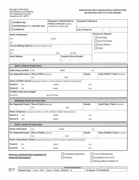 First page of the Vital Records Request