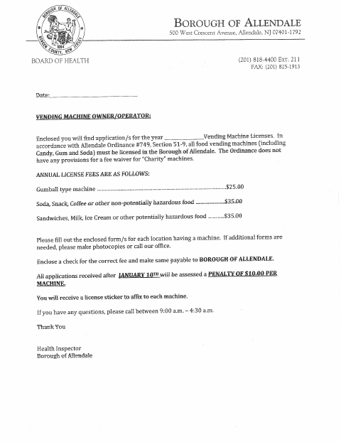 First page of the Food Vending Machine License Application