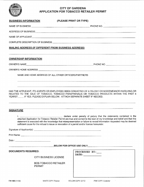 First page of the Tobacco Retailer Permit Application