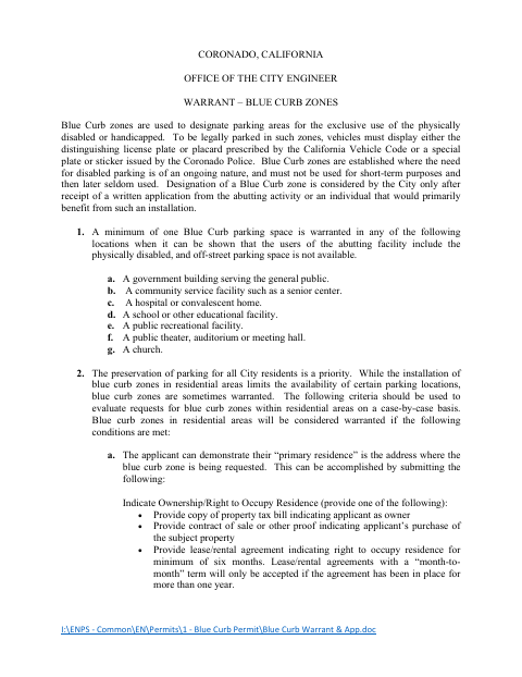 First page of the Warrant – Blue Curb Zones