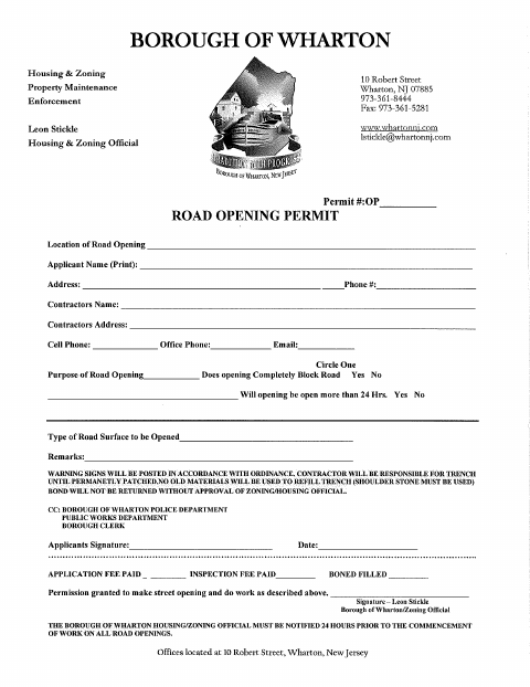 First page of the Road Opening Permit