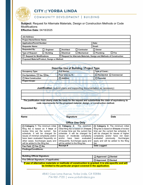 First page of the Request for Alternate Materials, Design or Construction Methods or Code Modifications