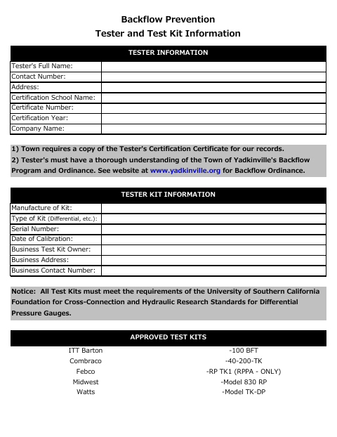 First page of the Backflow Prevention Tester and Test Kit Information