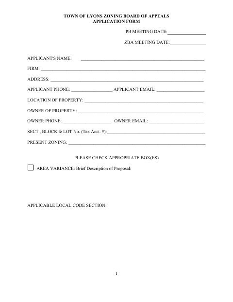 First page of the Zoning Board of Appeals Application Form