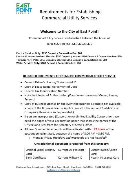 First page of the Commercial Utility Service Application