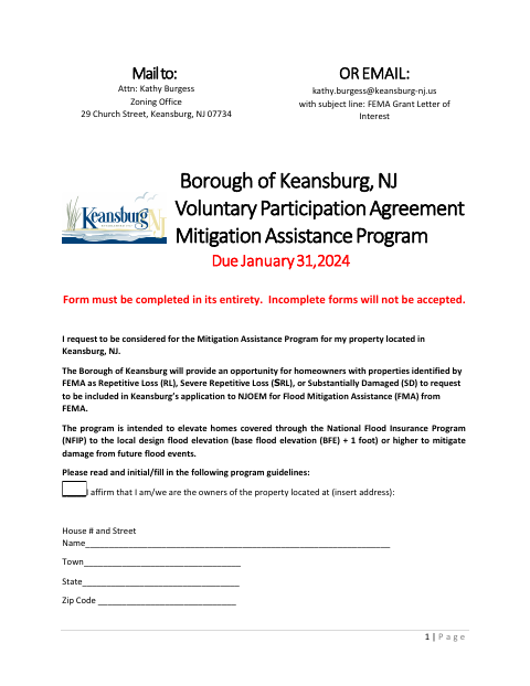 First page of the Voluntary Participation Agreement Mitigation Assistance Program