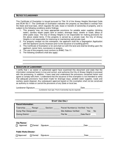 First page of the Certificate of Exemption