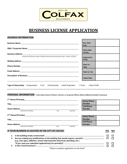 First page of the Business License Application