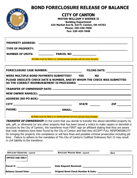 First page of the Bond Foreclosure Release of Balance