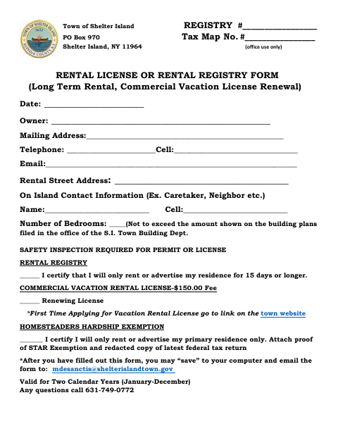 First page of the Rental License or Rental Registry Form