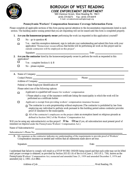 First page of the Pennsylvania Workers’ Compensation Insurance Coverage Information Form