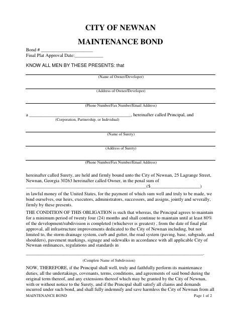 First page of the Maintenance Bond