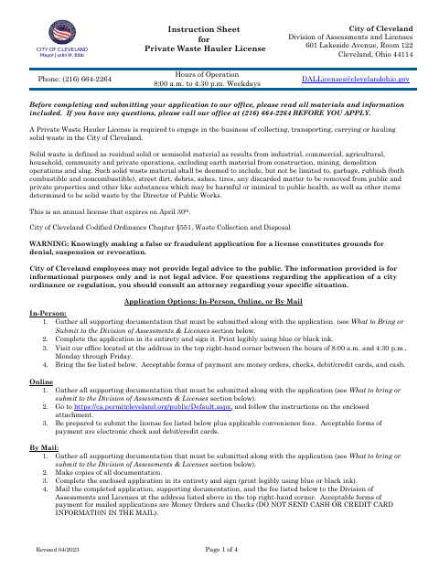 First page of the Private Waste Hauler License Application