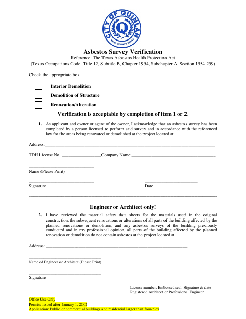 First page of the Asbestos Survey Verification