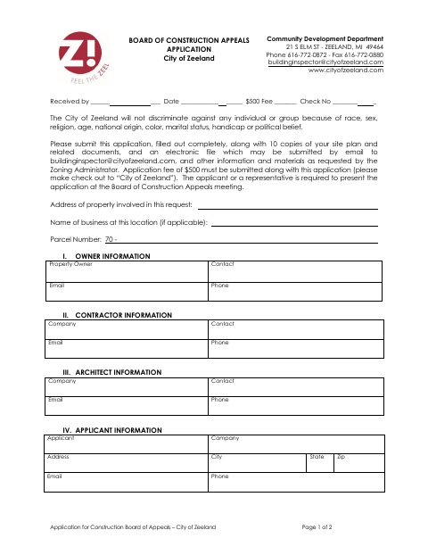 First page of the Board Of Construction Appeals Application