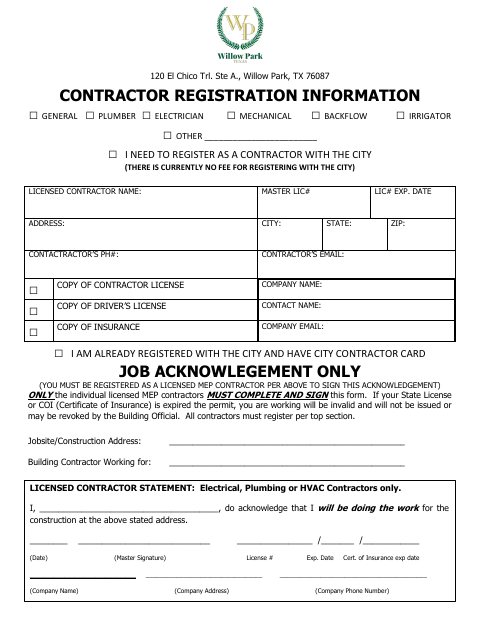 First page of the Contractor Registration Information