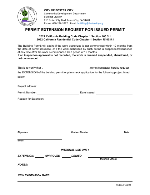 First page of the Permit Extension Request for Issued Permit