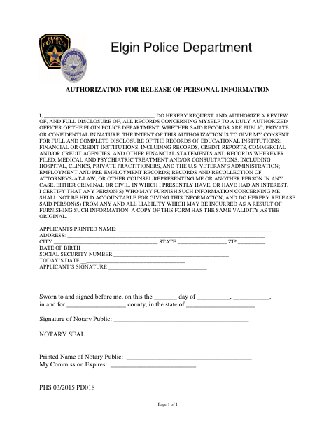 First page of the Authorization for Release of Personal Information