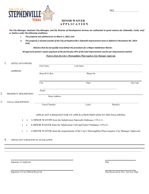 First page of the Minor Waiver Application