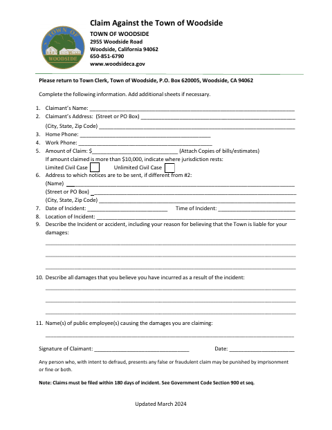 First page of the Claim Against the Town