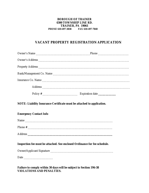 First page of the Vacant Property Registration Application