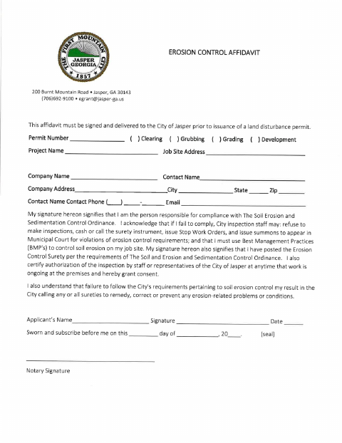 First page of the Erosion Control Affidavit