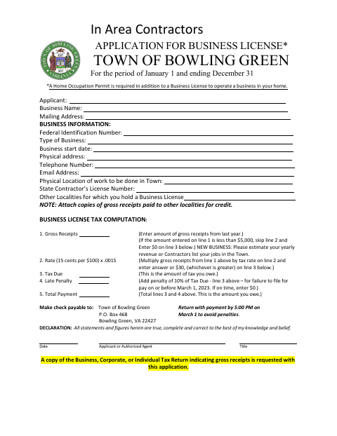 First page of the In Area Contractors Application for Business License