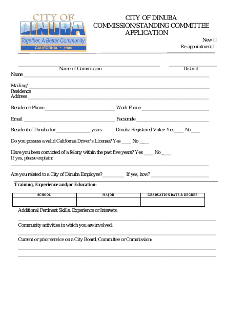 First page of the Commission/Standing Committee Application
