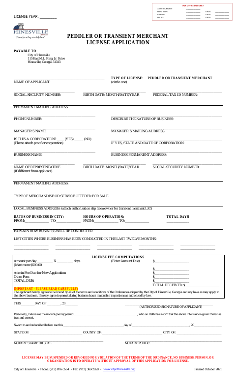 First page of the Peddler or Transient Merchant License Application