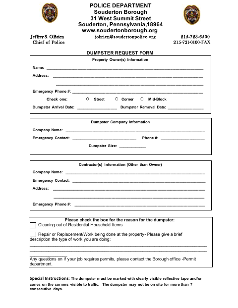 First page of the Dumpster Request Form