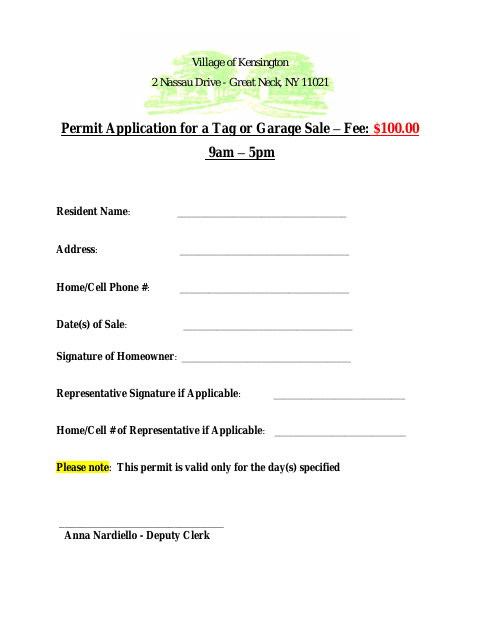 First page of the Permit Application for a Tag or Garage Sale