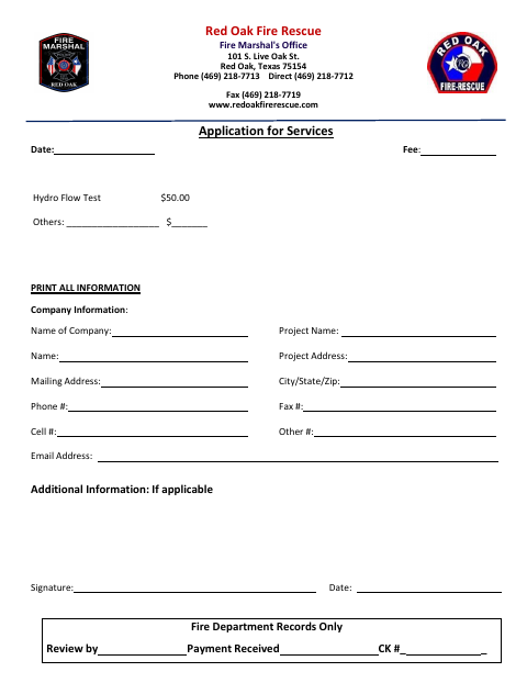 First page of the Application for Services