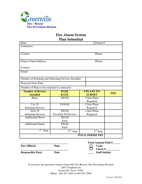 First page of the Fire Alarm System Plan Submittal