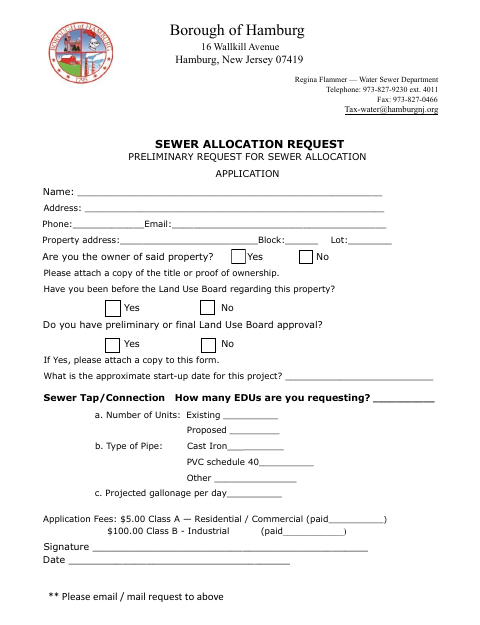 First page of the Sewer Allocation Request