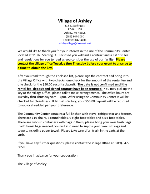 First page of the Community Center Contract