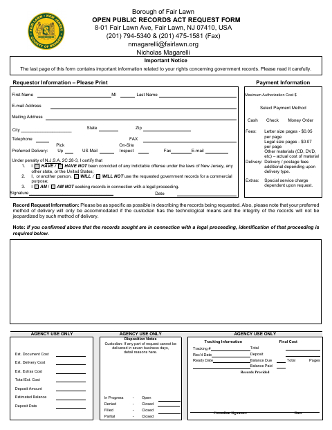 First page of the Open Public Records Act Request Form