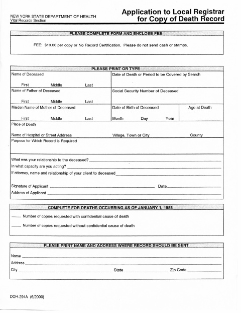 First page of the Application to Local Registrar for Copy of Death Record