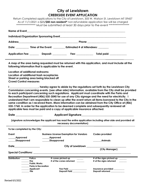 First page of the Creekside Event Application