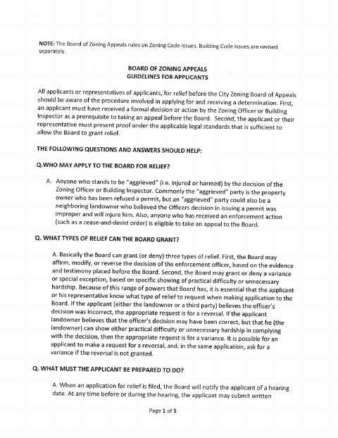 First page of the Zoning Board Of Appeals Application