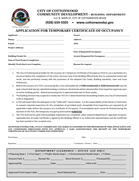 First page of the Application for Temporary Certificate of Occupancy