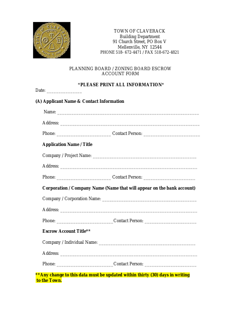 First page of the Planning Board / Zoning Board Escrow Account Form