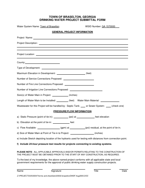 First page of the Drinking Water Project Submittal Form