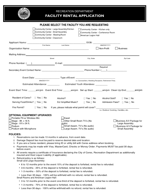 First page of the Facility Rental Application