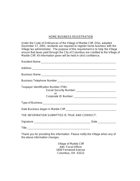 First page of the Home Business Registration