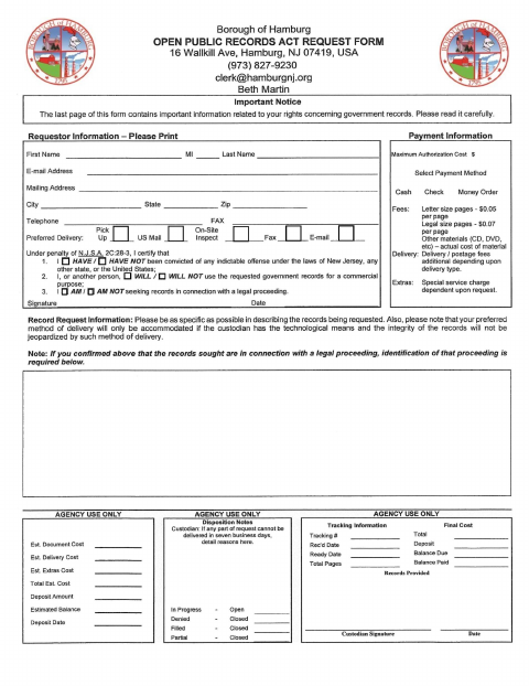 First page of the Open Public Records Act Request Form