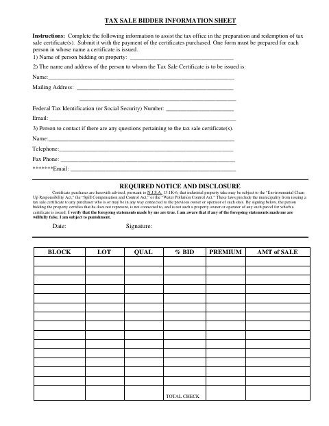First page of the Tax Sale Bidder Information Sheet