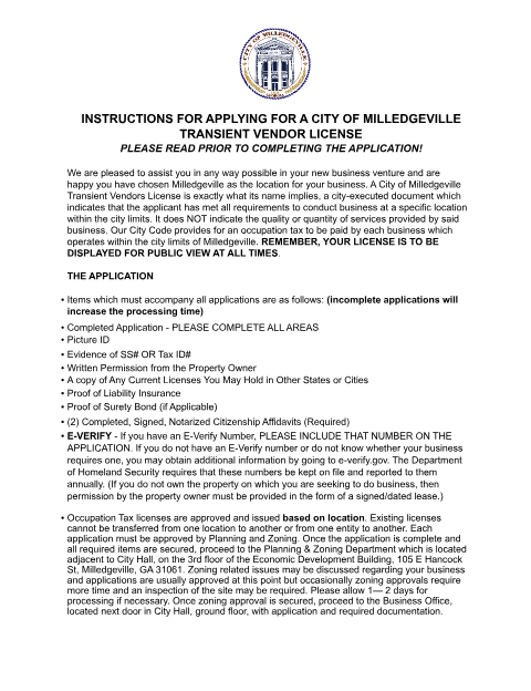 First page of the Transient Vendor License Application