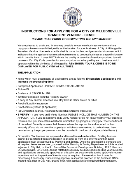 First page of the Transient Vendor License Application