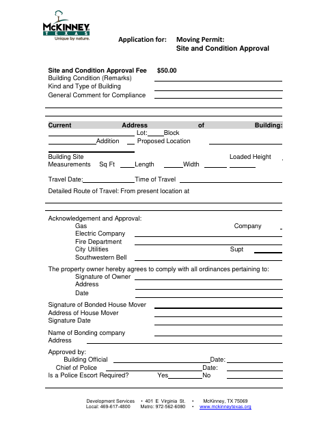 First page of the Moving Permit: Site and Condition Approval