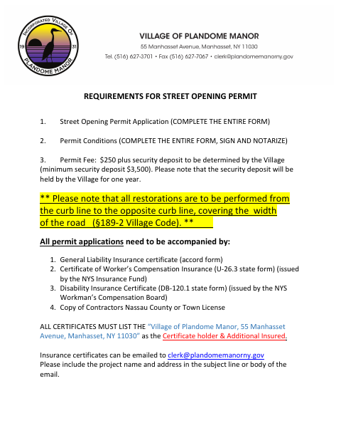 First page of the Street Opening Permit